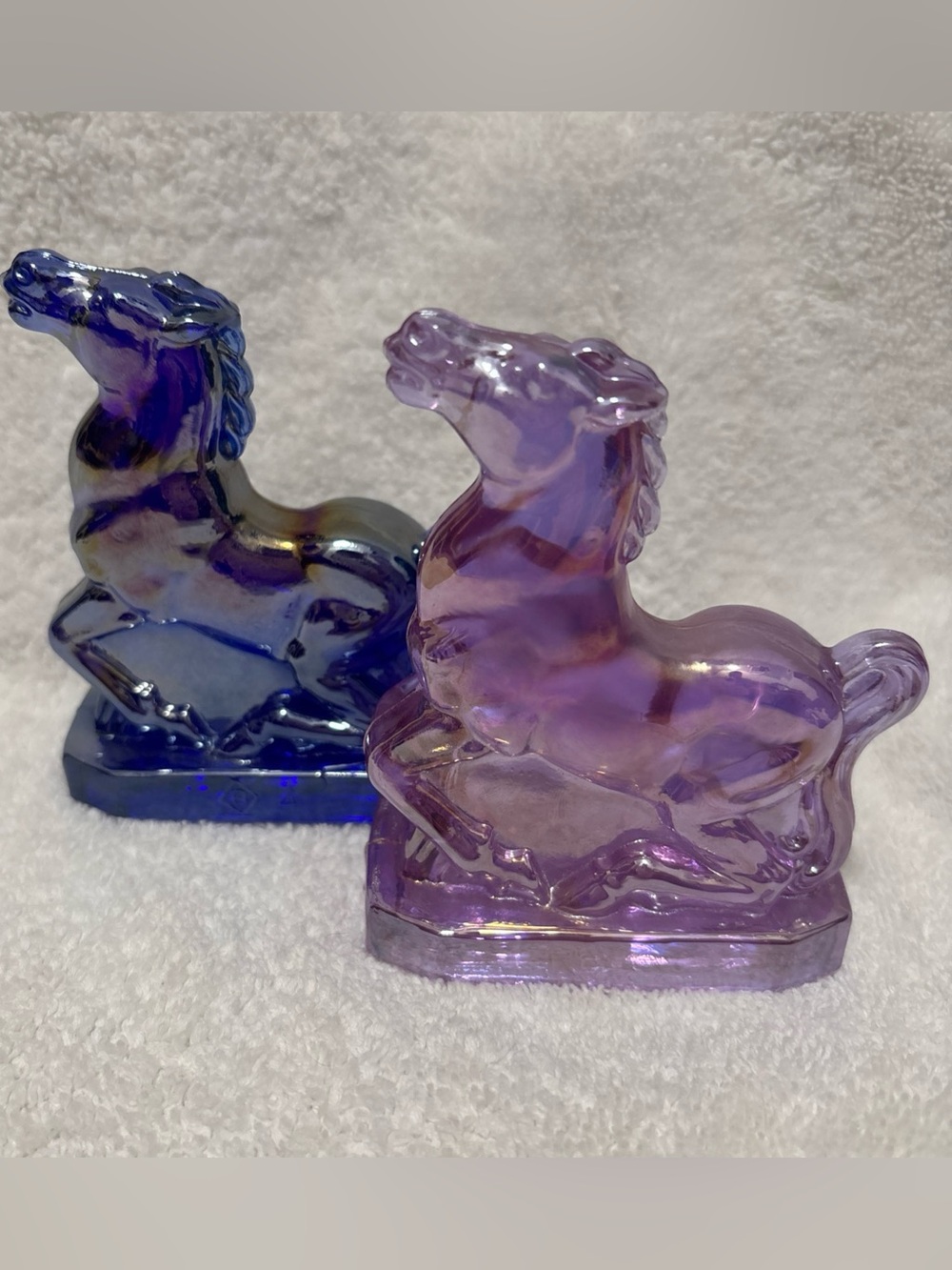 Blue and Purple Carnival Glass Joey the Horse 1980s Boyd glass